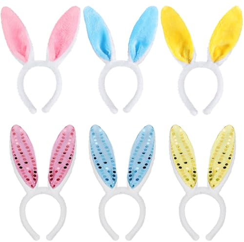 AWCIGG 6 Stück Hasenohren Haarreif, Plüsch Osterhasenohren Stirnband, Bunny Ears, Hase Ohren Haarreifen für Kinder Erwachsene Ostern Party Hochzeit Geburtstag Kostüm Cosplay