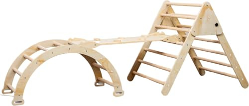 Buxibo XXL Klettergerüst - Klappbares Dreieck + Kletterbogen + Rutsche - Montessori Holzspielplatz - Natur - 210x83x81cm