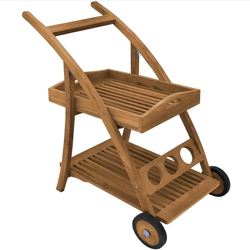 Teako Design Servierwagen Teakholz Teramo + 2 Ablagen + Tablett Massivholz Wetterfest, 70 x 45 x 60 cm, für den Außenbereich geeignet, robust und langlebig, Rollwagen
