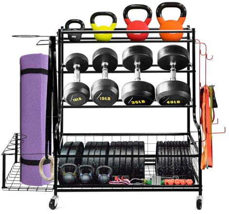 QWORK® Dumbbell Rack, Yoga Mat Storage Rack with Multi-direction Wheels, Gym Equipment Storage Rack with Hooks, for Fumbbells, Kettlebells, Yoga Mats, Yoga Bricks