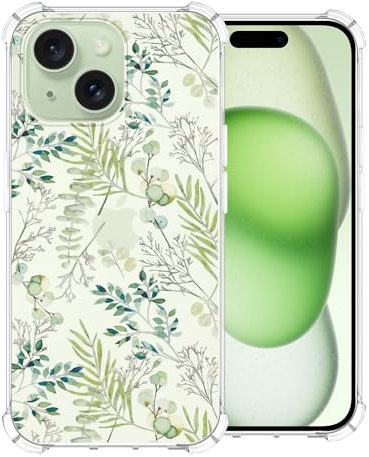 CAROKI Clear Phone Case for iPhone 15,Green Leaf Pattern Case Cover Soft TPU Protective Slim Shockproof Cover Boys Girls Phone Case for iPhone 15-Green Leaf