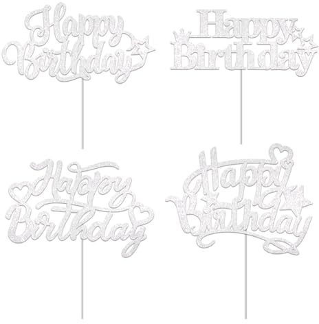 KOSTOO 20Pcs Happy Birthday Cake Toppers, Glitter Birthday Cake Topper Cupcake Topper Cake Decorations Supplies, Single Sided Glitter with Environmentally Friendly Paper Stick (Silver)
