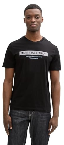 Tom Tailor Denim Herren Basic T-Shirt mit Logo-Print,14482 - deep Black, XXL