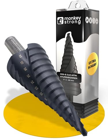 monkeystrong Stufenbohrer [Industrie Qualität | extra scharf] Ø 4-32 mm aus HSS E Co5 Stahl mit AlTiN Beschichtung | Kegelbohrer mit 15 Stufen für Edelstahl, Baustahl, NE Metall & Kunststoff