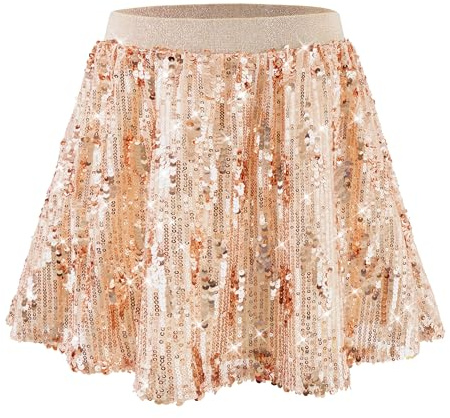 Rolanko Jupe À Sequins pour Filles Taille Élastique Skorts Pailletés Plissés avec Doublure pour Danse d'enfants Fête D'Ansversaire De Princesse, Doré, 6-7 Ans/130
