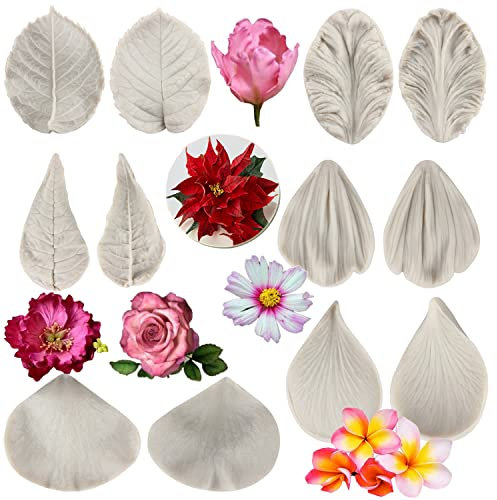 MYPRACS Gumpaste Flower Silicone Veining Moulds Rose Veined Fondant Mould Gum Paste Peony Flower Mould Daisy Plumeria Orchid Moulds for Sugar Craft Cake Decorating Candy Polymer Clay Set of 6