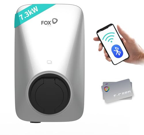 FoxEss 7.3kW Typ 2 EV-Ladegerät mit Smart APP, Einphasen-Ladestation 8A-32A, 230V Wallbox, IP65, WiFi und RFID, Silber(ohne Ladekabel)