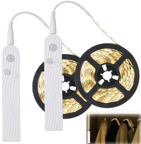 GAOUTO 2 Stück LED Band mit Bewegungsmelder, 2M LED Strip Batteriebetrieben Streifen, USB Wiederaufladbar, 3500K Warmweiß Kleiderschrank Licht Leiste für Schlafzimmer, Sensor Licht(Warmweiß)