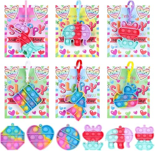 24 Mini Pop Bubbles Bulk with Keychain,Stress Relief Sensory Fidget Pack for Kids School Class Classroom Valentines Day Cards Gifts Prizes Party Favors (Valentines Keychain)