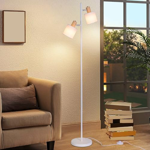 CBJKTX Stehleuchte Wohnzimmer Stehlampe Vintage - 2 Flammig E14 Standlampe Stoffschirm Weiß Retro Industrial Standleuchte Schwenkbar Leselampe mit Fußschalter für Schlafzimmer Büro (ohne Leuchtmittel)