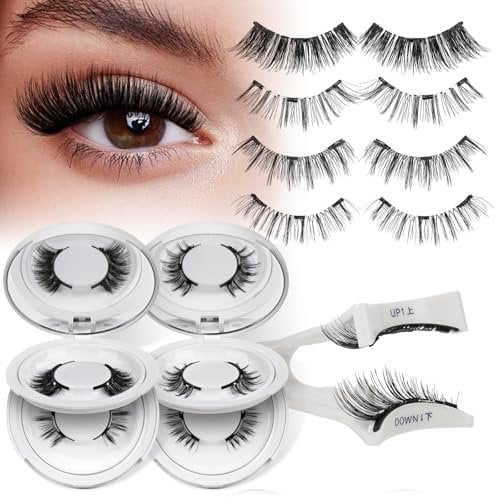 QUEWEL Magnetic Eyelashes, 3D Natural Look Magnetic Lashes with Applicator, Reusable Magnetic Eyelashes without Eyeliner, No Glue Remover Needed Magnetic Lash Kit Easy to Use (4pairs-DJ-CX-B)