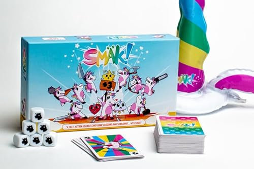 SMÄK! - Das actionreiche Kartenspiel mit nervigen Einhörnern und verrückten Würfelduellen. Ab 6+ Jahre, 30 Minuten, mit aufblasbarem Einhorn-Horn. Partyspiel für Groß und Klein.