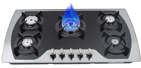 Piano cottura a gas con 5 fuochi, 90 x 51 cm, vetro temperato nero integrato, fornello a gas naturale a 5 fuochi, per gas naturale e gas propano