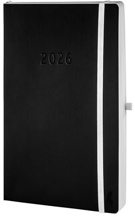 Chronoplan 50946 Buchkalender Kalendarium 2026 (Terminplaner A5 (135x210mm) mit Softcover, Tagesplaner, 1 Tag auf 1 Seite, mit flexibler Stiftschlaufe, Einmerkband, Gummiverschluss) schwarz