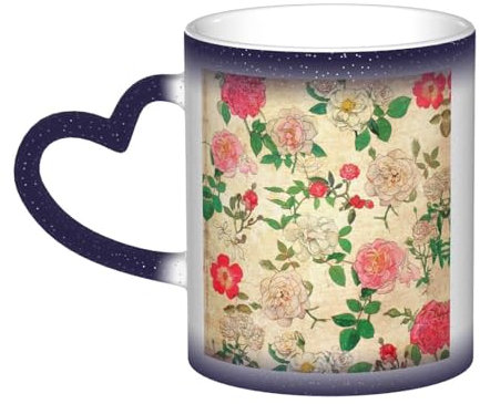 HYSDPUZK Rosa und weiße Pfingstrosen Farbwechsel-Tasse im Himmel – Volldruck-Keramiktasse mit wärmeempfindlicher Technologie, Schwarz-Weiß-Transformation