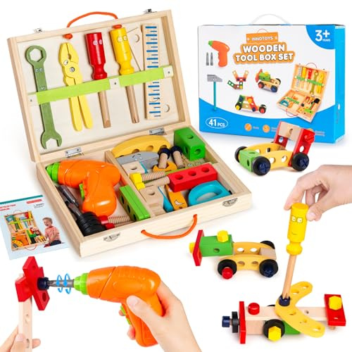 Vastoy 41 PCS Tool Box Kit Toys Wooden Tool Set with Toy Drill for Kid Montessori Educational Toys for Age 3 4 5 6, for Children,Develop Creativity and Motor Skills