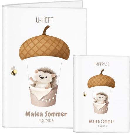U-Heft & Impfpass Hülle Set personalisiert – Igel im Eichelhut-Heißluftballon – Geschenk zur Geburt & Taufe – Baby Dokumentenmappe für Mädchen & Jungen – Handmade (Igel)