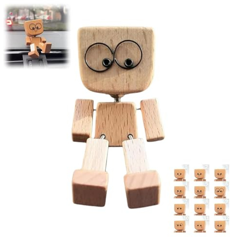Schüttelnder Holzmann Figur, Wackelfigur Auto Holzfiguren, Schüttelnde Holz Wackelfigur, Charmante kleine Holzfigur mit 12 Austauschbare Magnetischen Ausdrücke, Holzfigur mit Schüttelnden Beine