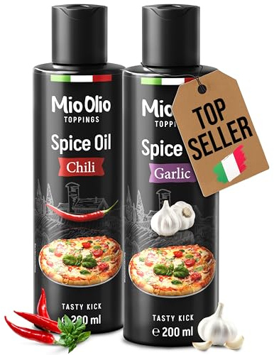Set oli aromatizzati MioOlio – 1×200 ml di olio all'aglio e 1×200 ml di olio al peperoncino – olio aromatizzato per cucinare, friggere e insaporire– per pasta, pizza e verdure