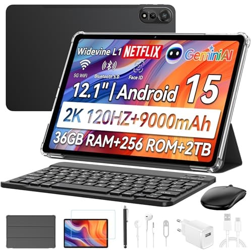 Blackview Mega2 Tablette 12 Pouces Android 15 Tablets, 36 Go de RAM + 256 Go de ROM, 120Hz 2K FHD Tablette de Jeu avec Clavier, Souris, Stylet, Casque, 4G LTE+5G, WiFi, 9000 mAh, WideVine L1, Gray