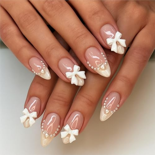 Stiletto Press On Nails, Nude Pink French Tip, Medium, Pearl Bow Accent | Glossy Gradient False Nails, Easy Application Kit, For Weddings, Parties And Elegant Manicures, Shiny Finish