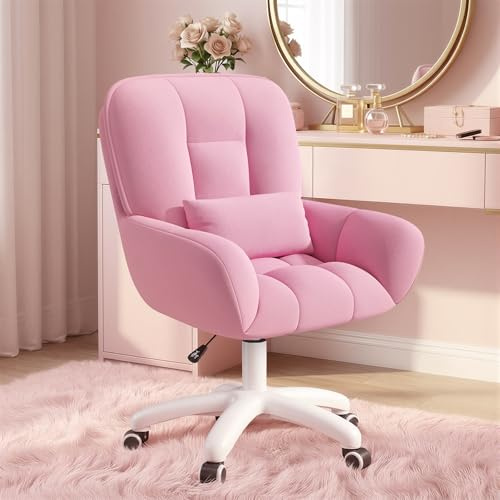 Aivermeil Bürostuhl Samt mit Kissen Schminktischstuhl Rosa | Höhenverstellbar,360°Drehfunktion, bis 150kg,Samtbezug,Homeoffice Stuhl,Schminktischstuhl, Schlafzimmer,Arbeitszimmer
