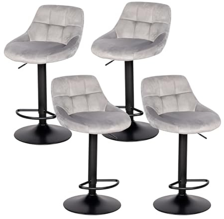 buybyroom Juego de 4 Taburetes de Bar, Taburetes Altos de Cocina Regulable Altura con Respaldo y Reposapiés, Giratorio 360°, Sillas Altas para Isla Cocina Barra Comedor, Terciopelo suave y cómodo,Gris