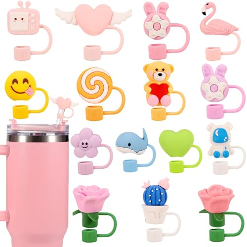 15 PCS Cute Silicone Straw Cover Cap for Stanley Cup Accessories,Simple Modern Straw Covers,10mm Straw Topper Compatible with 30&40 Oz Tumbler (Multicolor 3)