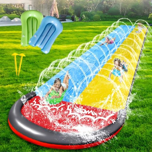 15.8 ft/480cm Double Water Slide,Wasserrutsche Garten für Kinder | Lawn Water Slide with Sprinkler and 2 Inflatable Boards for Kids and Adults,Summer Party,Garden,Lawn,Gartenwassersprinkler