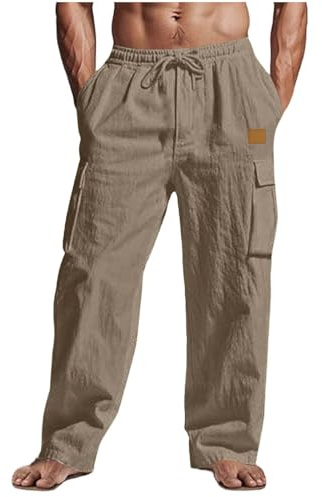 CSHE Jogginghose Herren Sommer Leinenhose Leicht Freizeithose Bequem Atmungsaktive Sporthose Einfarbige Leinen Hose mit Taschen Elastischer Weite Bein Cargohose