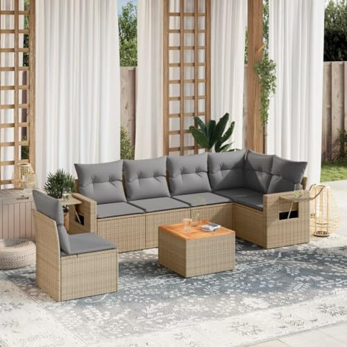 mtlskopl 7-TLG. Gartenlounge aus wetterfestem Poly-Rattan in Beige mit Akazientisch 62 x 62 x 69 cm Modernes Design für Terrasse Balkon und Wintergarten
