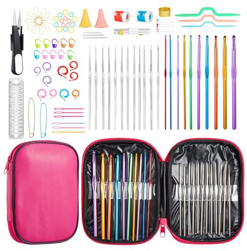 Anpro Set 100 in 1 Uncinetto con Astuccio Ago Crochet in Alluminio con Case Custodia Protettiva di Pelle per Fai da Te