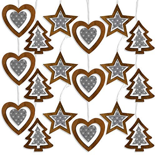 by Robelli Shabby Chic Wooden Christmas Tree Hanging Pendant Baubles Decorations (18 x Grey/White Cut Outs)