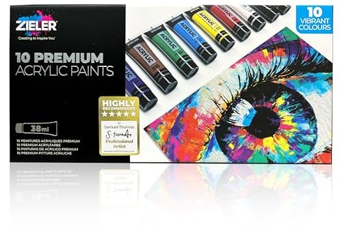 Premium Acrylfarben Set (10 Tuben - 38ml - Essential Colors) - von Zieler®. Ideal für Papier, Leinwand, Holz, Keramik, Stoffe und Kunsthandwerk. Lebendige Farben - Inklusive Starter-Anleitung