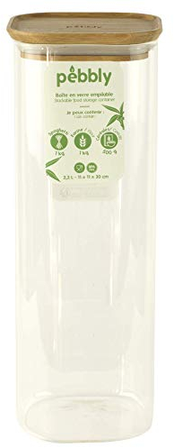 Pebbly - Boite Haute en Verre avec Couvercle en Bambou - Carrée - 2200 ml - Empilable, Pour Conserver aliments secs, céréales, amandes…, Naturel