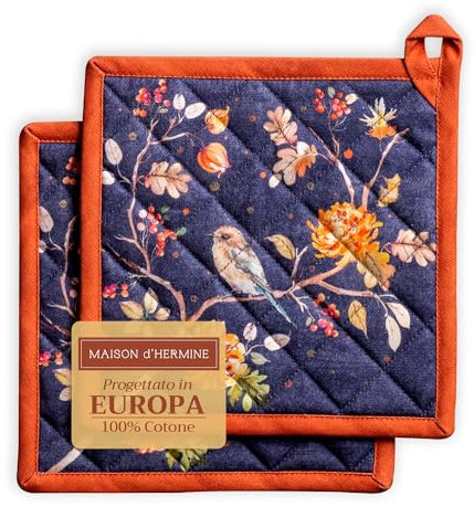 Maison d' Hermine Hotpads 100% Baumwolle Topflappen mit Schleife hitzebeständig (20cm x 20cm) Set mit 2 Topflappen zum Backen, Mikrowellengrillen, Kelim - Infinity – Erntedankfest/Weihnachten