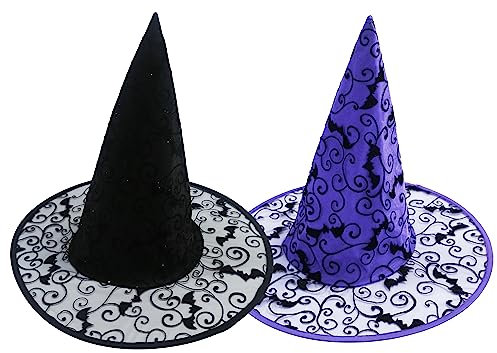 Hooin Cappello da strega di Halloween - Cappelli da festa per streghe/maghi con ragnatela di Halloween. Confezione da 2 (nero e viola)