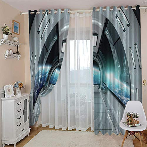 CLZLH Vorhänge Mit Ösen Wohnzimmer Kinderzimmer Vorhang Blickdicht 2Er Set 3D Science Fiction, Raumschiff, Raum Muster Fenster Gardinen 132X214cm(B X H) Kinder Schlafzimmer Kälteschutz Ösenvorhang