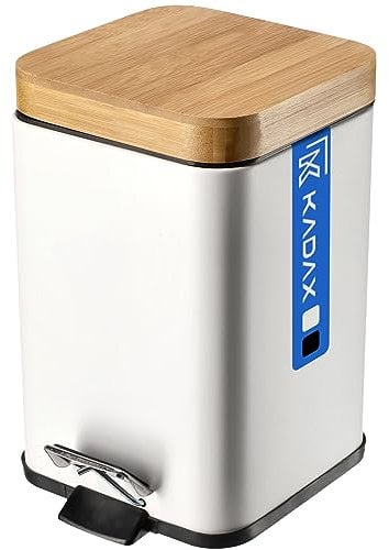 KADAX Toilet Bin, Powder-Coated Steel Kitchen Waste Bin with Bamboo Lid, Small Bathroom Trash Can with Foot Pedal and Internal Bucket (3L, White, Rectangular)