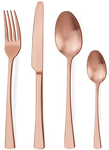 Bestdin Juego de cubiertos 24 piezas, set de cubiertos oro rosa mate para 6 personas, cubiertos de acero inoxidable pulido a espejo, juego de cuchillo, tenedor, cuchara, apto para lavavajillas