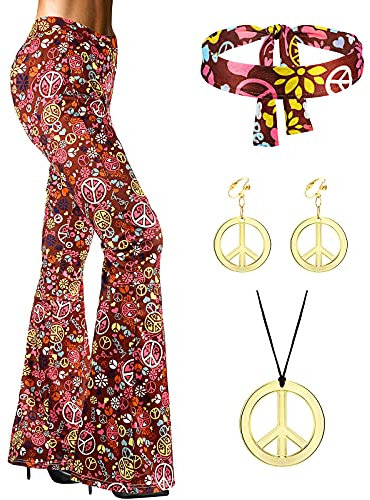 SATINIOR 70er Jahre Damen Hippie Kostüm Zubehör Glocke Bottom Boho Ausgestellte Hose (Gold, XXX-Large)