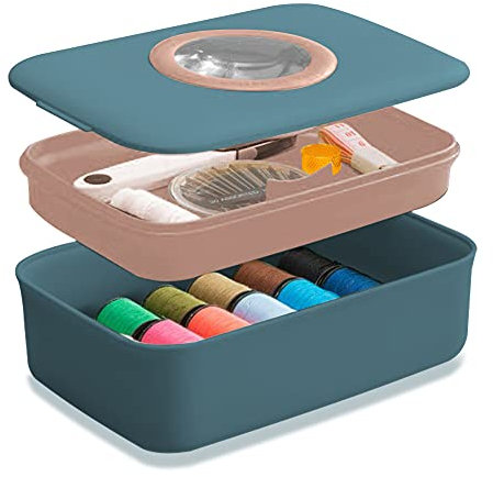 Scatola da Accessori Cucito 25 Pezzi, con Per Kit da Cucito Portatile, Set da Cucito con Forbici, Kit Cucito da Viaggio, Fili Di Aghi, Lente D'Ingrandimento, Righello, Ecc Set Cucito (Blu)