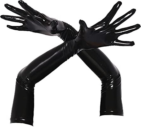 dPois Damen Wetlook Handschuhe Lack Leder Lange Fingerhandschuhe Gothic Abendhandschuhe Fingerlos Armstulpen Halloween Party Clubwear Schwarz S