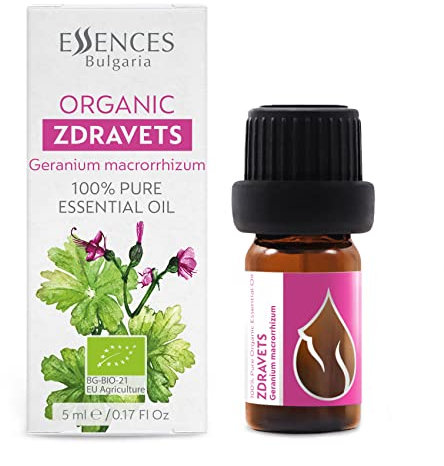 Essences Bulgaria BIO Echte Geranie Ätherisches Öl 5ml | Geranium macrorrhizum | 100% Naturrein | Unverdünnt | BIO-zertifiziert | Spitzenqualität aus Familienbetrieb | Ohne Gentechnik | Vegan