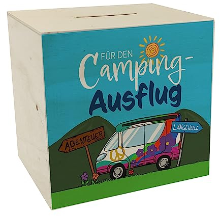 Für den Camping-Ausflug Spardose aus Holz Dekoration Sparschwein Geschenkidee Flower Power Ferien weggefahren Reisen sparen Camper Wohnwagen Zelt