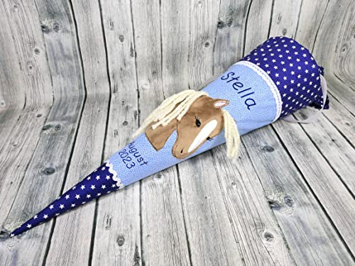 Schultüte Pferd Stoff hellblau Zuckertüte Pferdekopf Mädchen blau 70cm oder 85cm