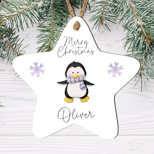 Personalised 'Merry Christmas' Tree Bauble - 8 Designs to Choose from - Custom Name Decorations - Holiday Keepsakes - Gift for Kids, (Mdf Wood Indoor Use Only, Penguin with Purple & Blue Scarf)