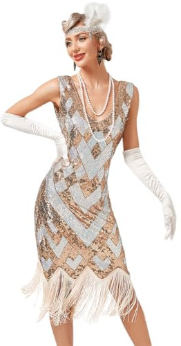Damen 1920er Jahre V-Ausschnitt Pailletten Fransen Kleid Flapper Charleston Kleider Cocktailkleid Partykleid Gatsby Pailletten Quasten Abendkleid 20er Jahre Kost?m AbschlussballKleid Gold Aprikose S