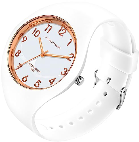 findtime Weiß Jelly Armbanduhr Damen für Frauen Studenten Mädchen Jungs Minimalistisch Bunte Analog Quarz Damenuhr Weich Silikon Armband