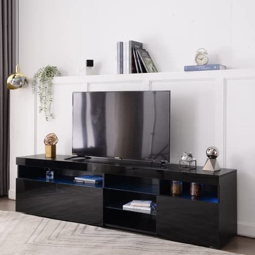 soges TV-Schrank Lowboard TV-Möbel für Entertainment-Center, Fernsehtisch mit LED-Leuchten, 180cm Schwarze TV-Bänke mit Aufbewahrungsregal, Schrank für Wohnzimmer, Schlafzimmer